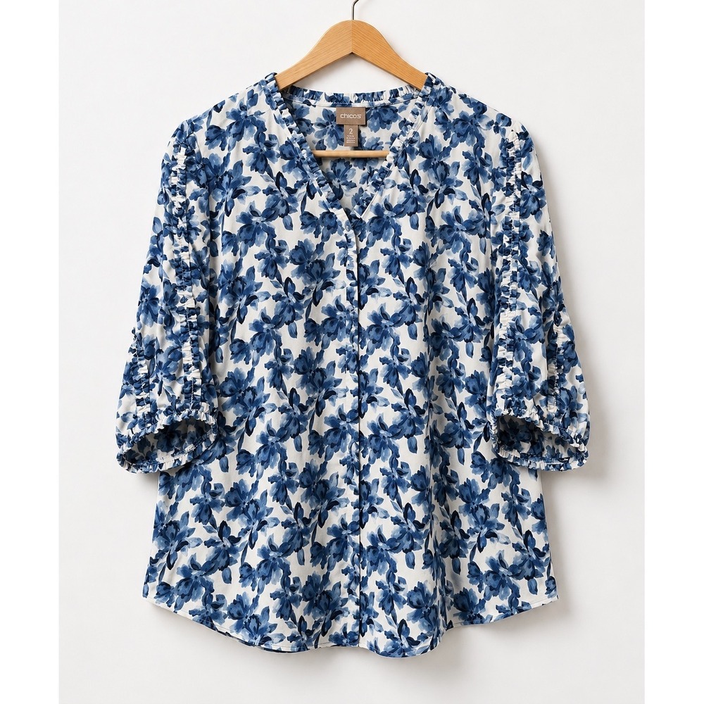 Chicos Blue Floral V-Neck Ruffle Sleeve Blouse Top Size 2 Large Womens